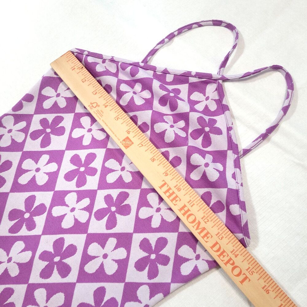 Forever 21 Retro Daisy Y2K halter Dress M Checkerboard Purple mod flower power - Picture 6 of 11